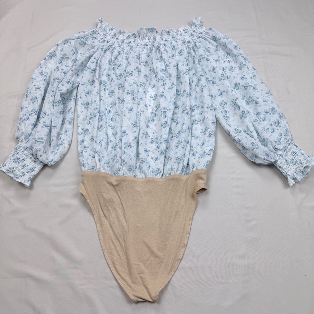 Wayf Blue and White off shoulder Top w/bodysuit - Picture 2 of 9